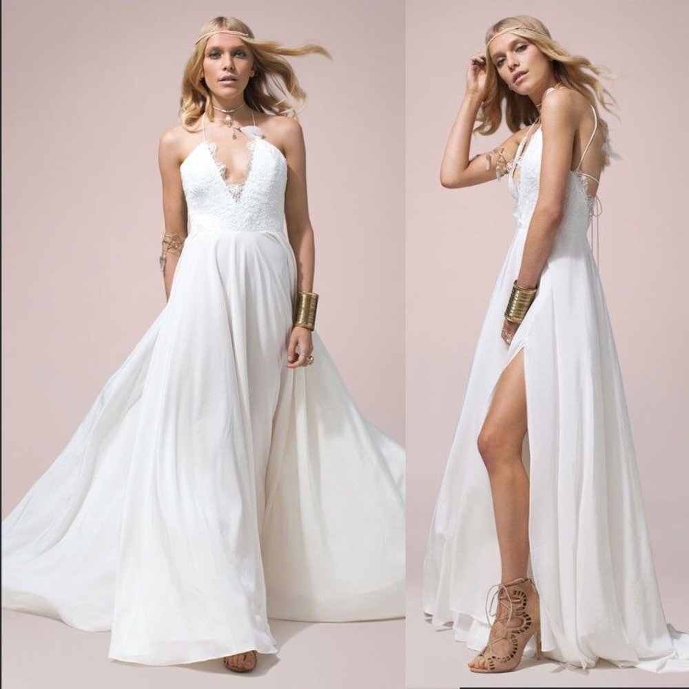 Rue de Seine "Mackenzie" White Boho Lace Halter Maxi Wedding Dress